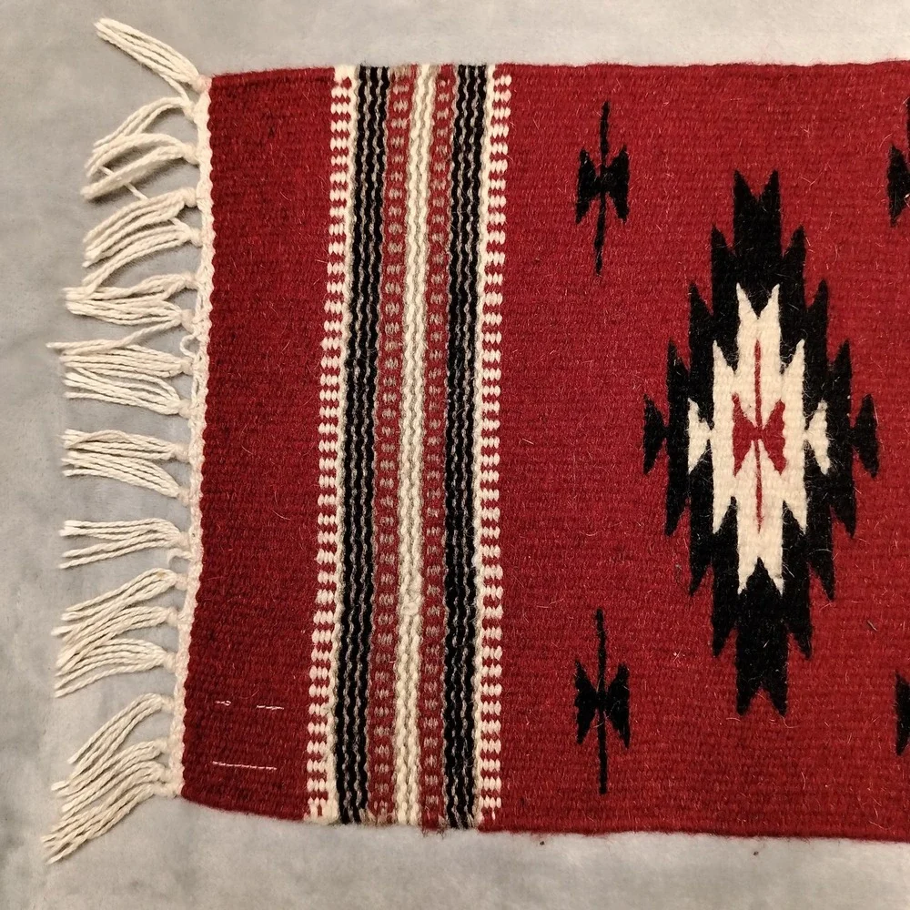 Vintage Handwoven Rug Small Red Southwest Wool Tapestry Table Runner Boho Tribal